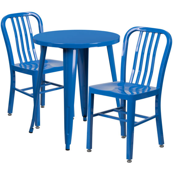 Commercial Grade 24" Round Blue Metal Indoor-Outdoor Table Set with 2 Vertical Slat Back Chairs CH-51080TH-2-18VRT-BL-GG