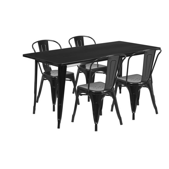 Commercial Grade 31.5" x 63" Rectangular Black Metal Indoor-Outdoor Table Set with 4 Stack Chairs ET-CT005-4-30-BK-GG