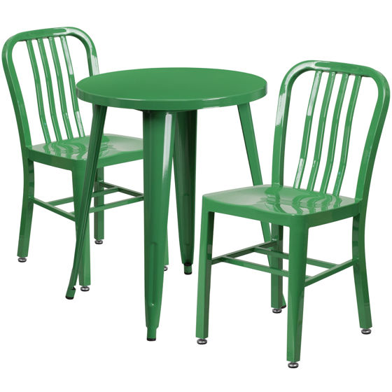 Commercial Grade 24" Round Green Metal Indoor-Outdoor Table Set with 2 Vertical Slat Back Chairs CH-51080TH-2-18VRT-GN-GG