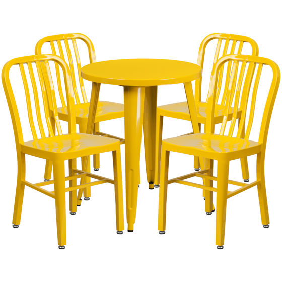 Commercial Grade 24" Round Yellow Metal Indoor-Outdoor Table Set with 4 Vertical Slat Back Chairs CH-51080TH-4-18VRT-YL-GG
