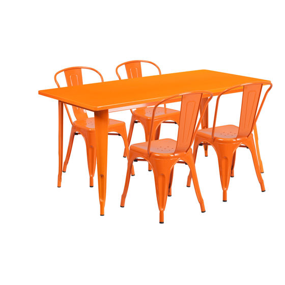 Commercial Grade 31.5" x 63" Rectangular Orange Metal Indoor-Outdoor Table Set with 4 Stack Chairs ET-CT005-4-30-OR-GG