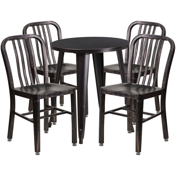 Commercial Grade 24" Round Black-Antique Gold Metal Indoor-Outdoor Table Set with 4 Vertical Slat Back Chairs CH-51080TH-4-18VRT-BQ-GG