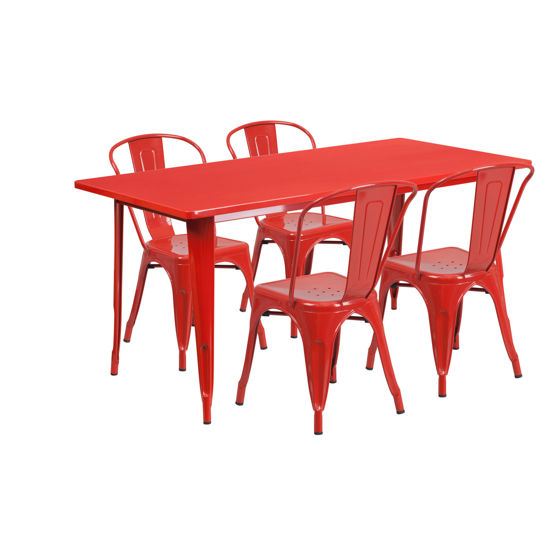 Commercial Grade 31.5" x 63" Rectangular Red Metal Indoor-Outdoor Table Set with 4 Stack Chairs  ET-CT005-4-30-RED-GG