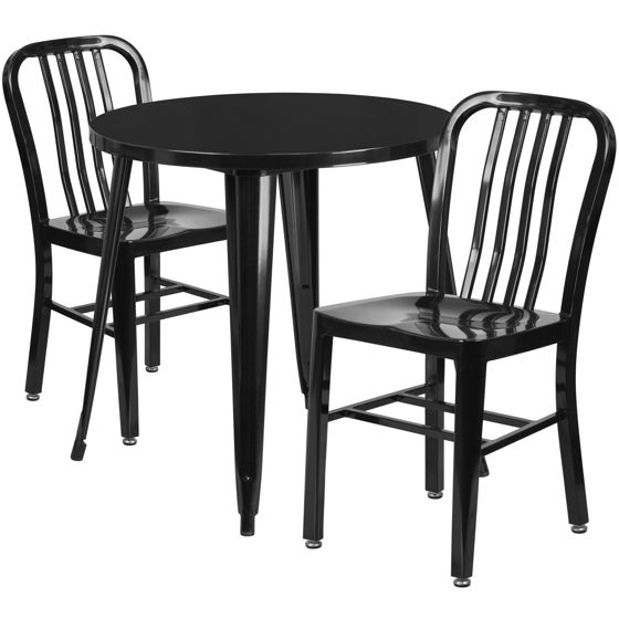 Commercial Grade 30" Round Black Metal Indoor-Outdoor Table Set with 2 Vertical Slat Back Chairs CH-51090TH-2-18VRT-BK-GG