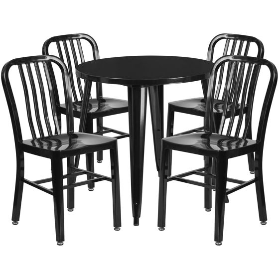 Commercial Grade 30" Round Black Metal Indoor-Outdoor Table Set with 4 Vertical Slat Back Chairs CH-51090TH-4-18VRT-BK-GG