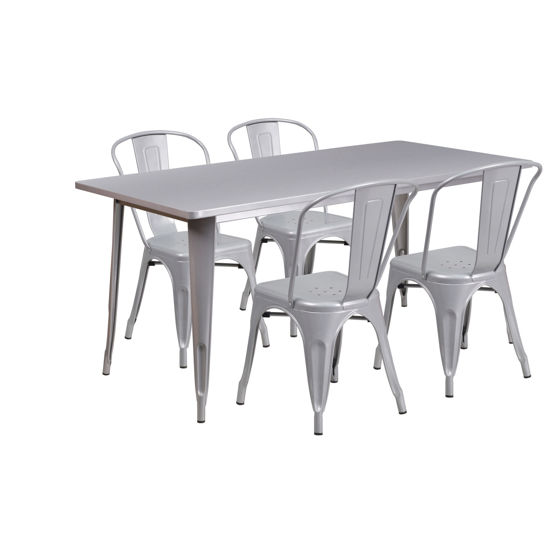 Commercial Grade 31.5" x 63" Rectangular Silver Metal Indoor-Outdoor Table Set with 4 Stack Chairs ET-CT005-4-30-SIL-GG