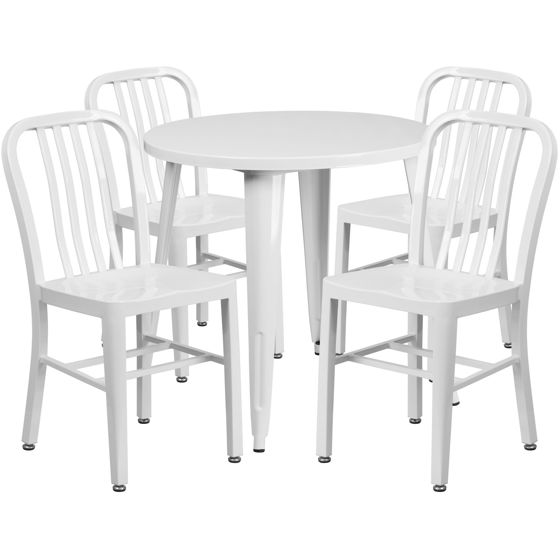 Commercial Grade 30" Round White Metal Indoor-Outdoor Table Set with 4 Vertical Slat Back Chairs CH-51090TH-4-18VRT-WH-GG