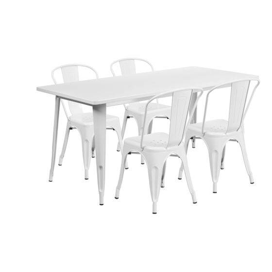 Commercial Grade 31.5" x 63" Rectangular White Metal Indoor-Outdoor Table Set with 4 Stack Chairs ET-CT005-4-30-WH-GG