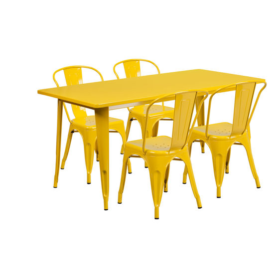 Commercial Grade 31.5" x 63" Rectangular Yellow Metal Indoor-Outdoor Table Set with 4 Stack Chairs ET-CT005-4-30-YL-GG