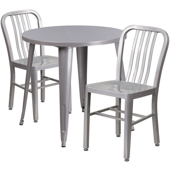 Commercial Grade 30" Round Silver Metal Indoor-Outdoor Table Set with 2 Vertical Slat Back Chairs CH-51090TH-2-18VRT-SIL-GG