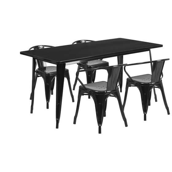 Commercial Grade 31.5" x 63" Rectangular Black Metal Indoor-Outdoor Table Set with 4 Arm Chairs ET-CT005-4-70-BK-GG