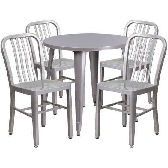 Commercial Grade 30" Round Silver Metal Indoor-Outdoor Table Set with 4 Vertical Slat Back Chairs CH-51090TH-4-18VRT-SIL-GG