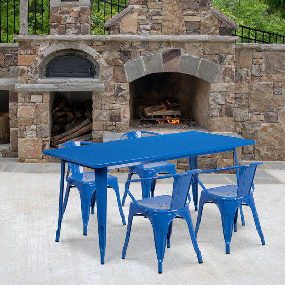 Commercial Grade 31.5" x 63" Rectangular Blue Metal Indoor-Outdoor Table Set with 4 Arm Chairs ET-CT005-4-70-BL-GG 