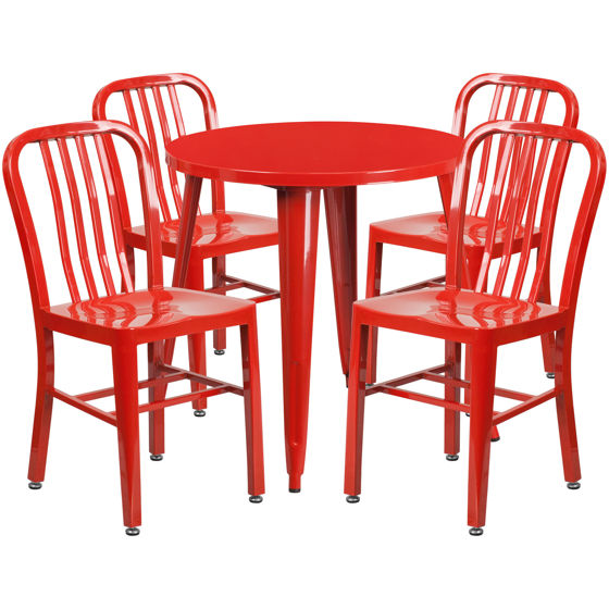 Commercial Grade 30" Round Red Metal Indoor-Outdoor Table Set with 4 Vertical Slat Back Chairs CH-51090TH-4-18VRT-RED-GG