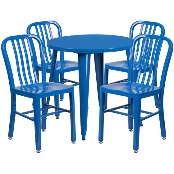 Commercial Grade 30" Round Blue Metal Indoor-Outdoor Table Set with 4 Vertical Slat Back Chairs CH-51090TH-4-18VRT-BL-GG