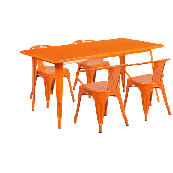 Commercial Grade 31.5" x 63" Rectangular Orange Metal Indoor-Outdoor Table Set with 4 Arm Chairs  ET-CT005-4-70-OR-GG