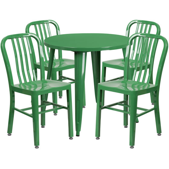 Commercial Grade 30" Round Green Metal Indoor-Outdoor Table Set with 4 Vertical Slat Back Chairs CH-51090TH-4-18VRT-GN-GG