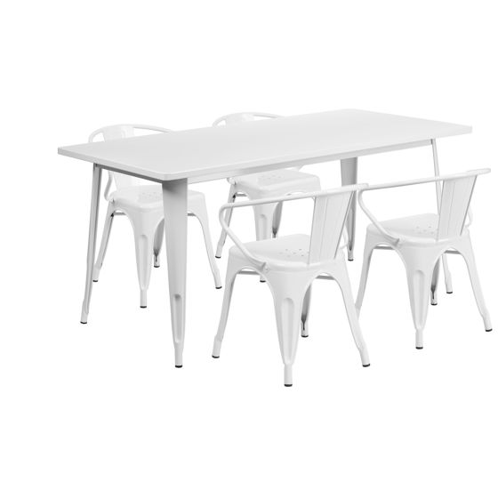 Commercial Grade 31.5" x 63" Rectangular White Metal Indoor-Outdoor Table Set with 4 Arm Chairs ET-CT005-4-70-WH-GG