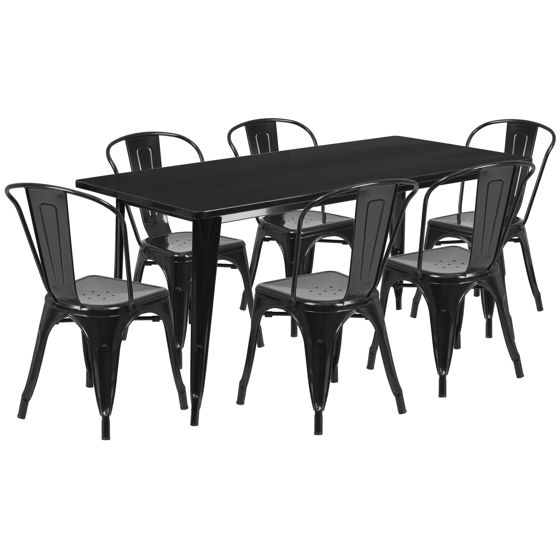 Commercial Grade 31.5" x 63" Rectangular Black Metal Indoor-Outdoor Table Set with 6 Stack Chairs  ET-CT005-6-30-BK-GG