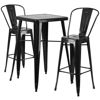 Commercial Grade 23.75" Square Black Metal Indoor-Outdoor Bar Table Set with 2 Stools with Backs CH-31330B-2-30GB-BK-GG