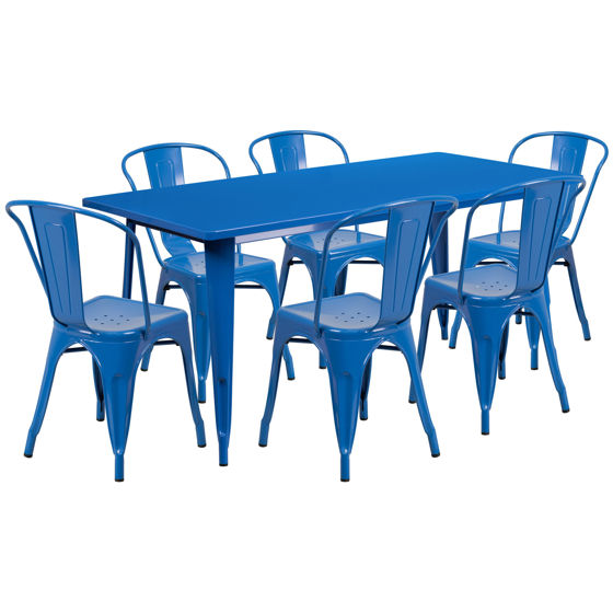 Commercial Grade 31.5" x 63" Rectangular Blue Metal Indoor-Outdoor Table Set with 6 Stack Chairs ET-CT005-6-30-BL-GG