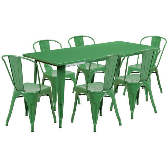 Commercial Grade 31.5" x 63" Rectangular Green Metal Indoor-Outdoor Table Set with 6 Stack Chairs  ET-CT005-6-30-GN-GG