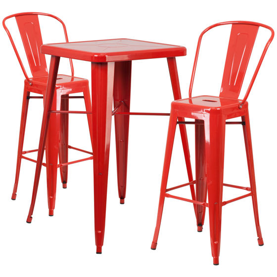 Commercial Grade 23.75" Square Red Metal Indoor-Outdoor Bar Table Set with 2 Stools with Backs CH-31330B-2-30GB-RED-GG
