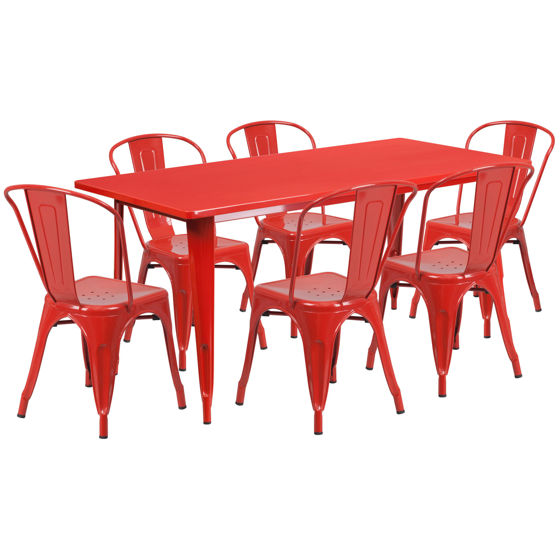Commercial Grade 31.5" x 63" Rectangular Red Metal Indoor-Outdoor Table Set with 6 Stack Chairs ET-CT005-6-30-RED-GG