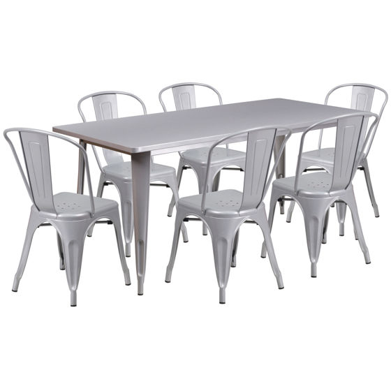 Commercial Grade 31.5" x 6 3" Rectangular Silver Metal Indoor-Outdoor Table Set with 6 Stack Chairs ET-CT005-6-30-SIL-GG
