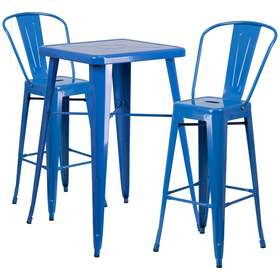 Commercial Grade 23.75" Square Blue Metal Indoor-Outdoor Bar Table Set with 2 Stools with Backs CH-31330B-2-30GB-BL-GG