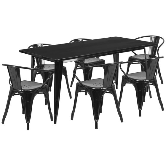 Commercial Grade 31.5" x 63" Rectangular Black Metal Indoor-Outdoor Table Set with 6 Arm Chairs ET-CT005-6-70-BK-GG