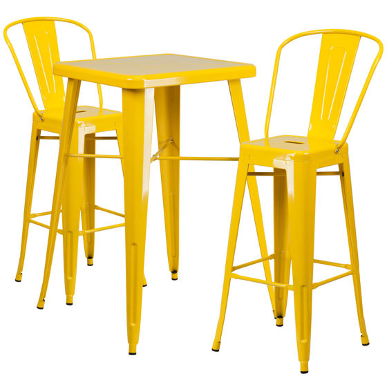 Commercial Grade 23.75" Square Yellow Metal Indoor-Outdoor Bar Table Set with 2 Stools with Backs CH-31330B-2-30GB-YL-GG