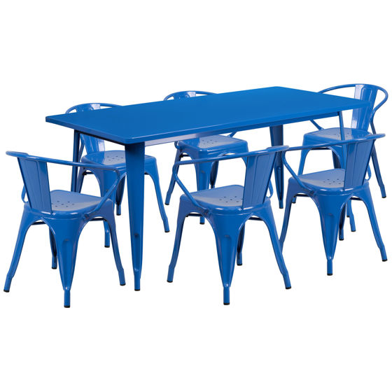 Commercial Grade 31.5" x 63" Rectangular Blue Metal Indoor-Outdoor Table Set with 6 Arm Chairs ET-CT005-6-70-BL-GG