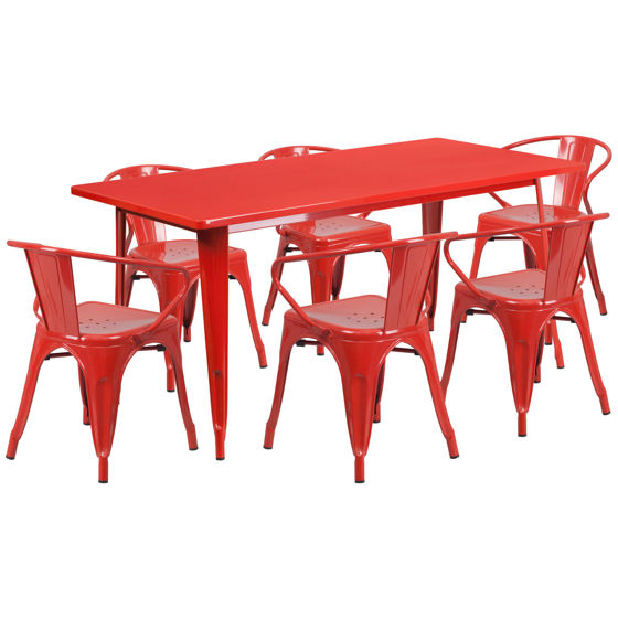 Commercial Grade 31.5" x 63" Rectangular Red Metal Indoor-Outdoor Table Set with 6 Arm Chairs ET-CT005-6-70-RED-GG