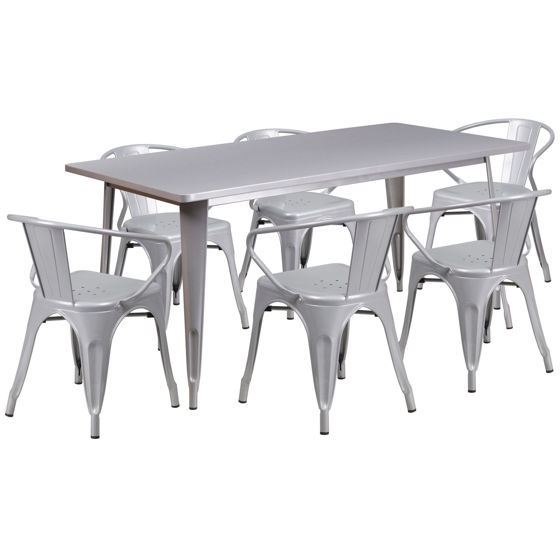 Commercial Grade 31.5" x 63" Rectangular Silver Metal Indoor-Outdoor Table Set with 6 Arm Chairs ET-CT005-6-70-SIL-GG