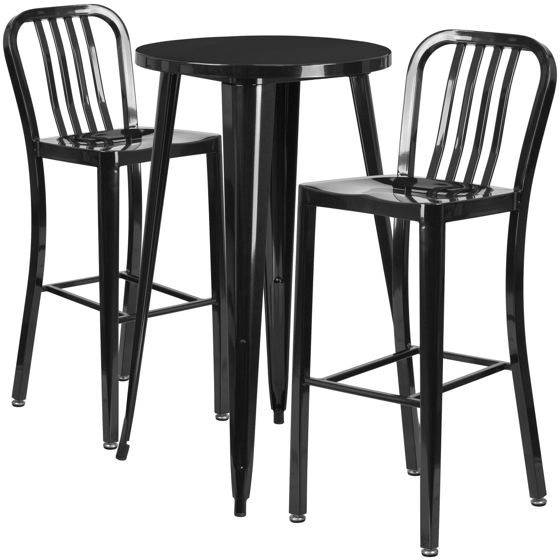 Commercial Grade 24" Round Black Metal Indoor-Outdoor Bar Table Set with 2 Vertical Slat Back Stools CH-51080BH-2-30VRT-BK-GG