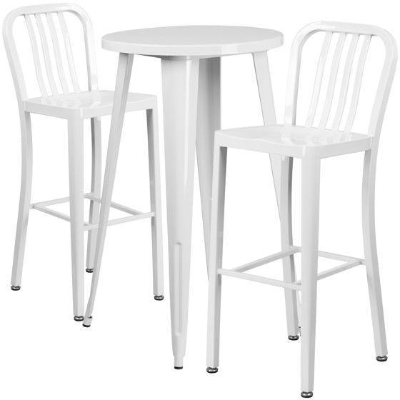 Commercial Grade 24" Round White Metal Indoor-Outdoor Bar Table Set with 2 Vertical Slat Back Stools CH-51080BH-2-30VRT-WH-GG