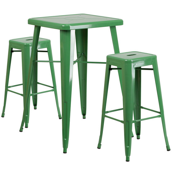 Commercial Grade 23.75" Square Green Metal Indoor-Outdoor Bar Table Set with 2 Square Seat Backless Stools CH-31330B-2-30SQ-GN-GG