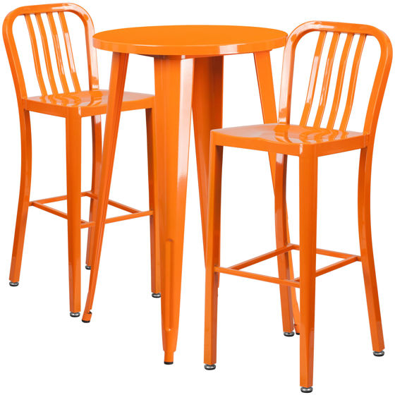 Commercial Grade 24" Round Orange Metal Indoor-Outdoor Bar Table Set with 2 Vertical Slat Back Stools CH-51080BH-2-30VRT-OR-GG