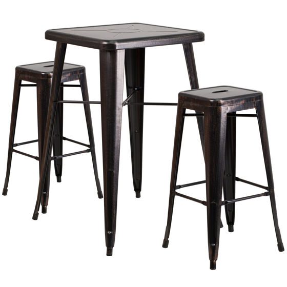 Commercial Grade 23.75" Square Black-Antique Gold Metal Indoor-Outdoor Bar Table Set with 2 Square Seat Backless Stools CH-31330B-2-30SQ-BQ-GG