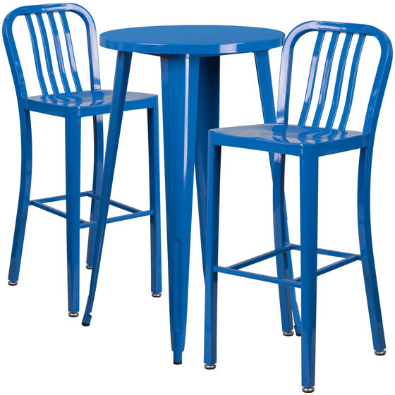 Commercial Grade 24" Round Blue Metal Indoor-Outdoor Bar Table Set with 2 Vertical Slat Back Stools CH-51080BH-2-30VRT-BL-GG