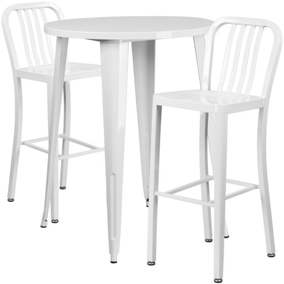 Commercial Grade 30" Round White Metal Indoor-Outdoor Bar Table Set with 2 Vertical Slat Back Stools CH-51090BH-2-30VRT-WH-GG