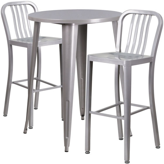 Commercial Grade 30" Round Silver Metal Indoor-Outdoor Bar Table Set with 2 Vertical Slat Back Stools CH-51090BH-2-30VRT-SIL-GG