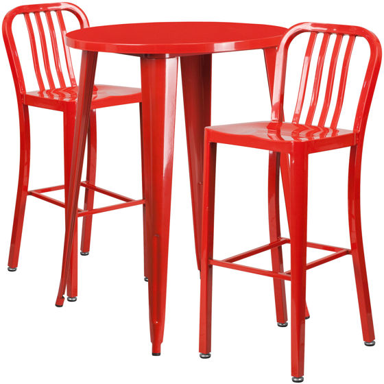 Commercial Grade 30" Round Red Metal Indoor-Outdoor Bar Table Set with 2 Vertical Slat Back Stools CH-51090BH-2-30VRT-RED-GG