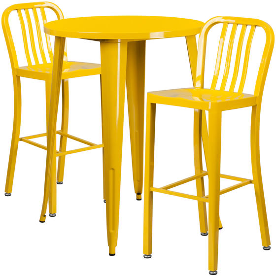 Commercial Grade 30" Round Yellow Metal Indoor-Outdoor Bar Table Set with 2 Vertical Slat Back Stools CH-51090BH-2-30VRT-YL-GG