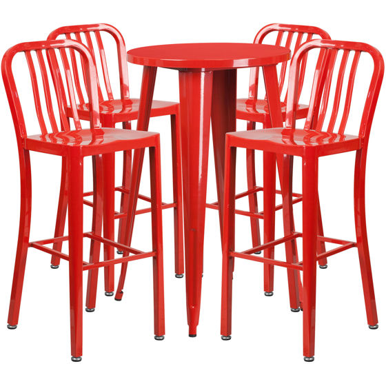 Commercial Grade 24" Round Red Metal Indoor-Outdoor Bar Table Set with 4 Vertical Slat Back Stools CH-51080BH-4-30VRT-RED-GG