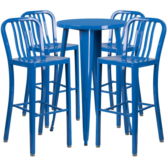 Commercial Grade 24" Round Blue Metal Indoor-Outdoor Bar Table Set with 4 Vertical Slat Back Stools CH-51080BH-4-30VRT-BL-GG