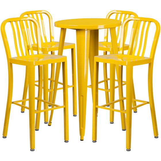 Commercial Grade 24" Round Yellow Metal Indoor-Outdoor Bar Table Set with 4 Vertical Slat Back Stools CH-51080BH-4-30VRT-YL-GG