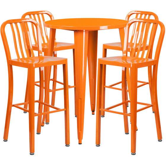 Commercial Grade 30" Round Orange Metal Indoor-Outdoor Bar Table Set with 4 Vertical Slat Back Stools CH-51090BH-4-30VRT-OR-GG