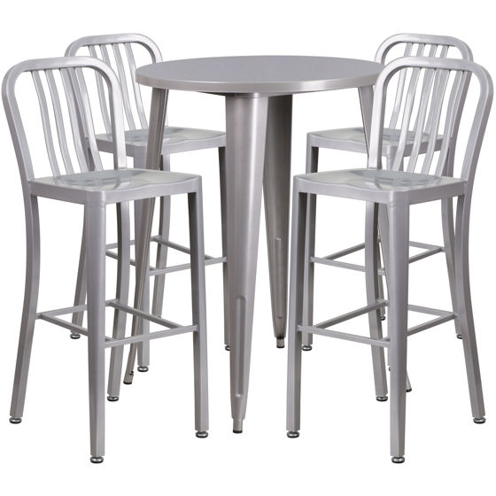 Commercial Grade 30" Round Silver Metal Indoor-Outdoor Bar Table Set with 4 Vertical Slat Back Stools CH-51090BH-4-30VRT-SIL-GG